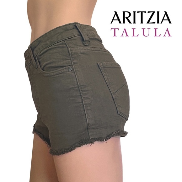 Aritzia Talula Short Shorts Cut Off Raw Hem Branded Throughout Army Green - Picture 1 of 11